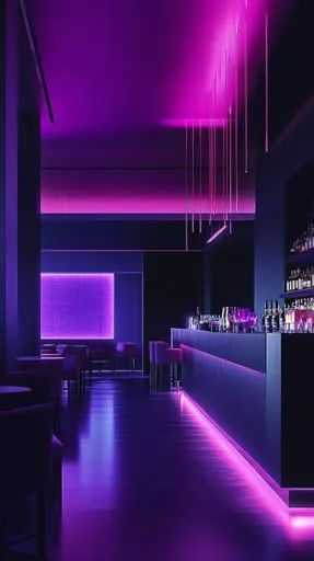 ↑↑↑ Larger size on website 🔸 The image shows a dimly lit bar with a dark, modern design. Purple and pink neon lights illuminate t Black Bar Counter, Futuristic Bar, Pink Restaurant, Pink Neon Lights, Nightclub Design, Dark Modern, Home Bar Designs, Cyberpunk Aesthetic, Clear Glasses