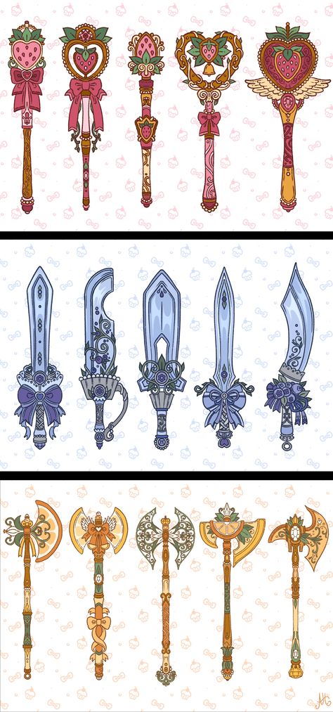 Flower Staff Art, Magical Girl Poseing, Magical Girl Wand Design, Magical Girl Posing, Magical Girl Items, Magical Girl Ideas, Strawberry Design Ideas, Strawberry Character Design, Magical Girl Posing Reference