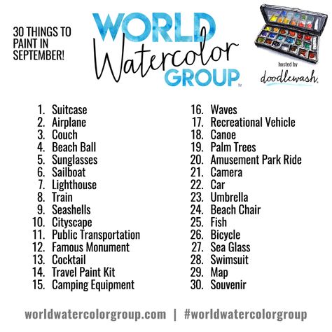 Doodlewash® ~ Monthly Watercolor & Sketching Art Challenges World Watercolor, Watercolour Challenge, Drawing Challenges, Gratitude Prompts, April Art, Art Challenges, Painting References, Art Journal Prompts, Drawing Prompts