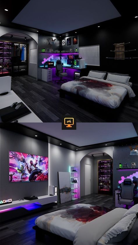 Bedroom Gaming Setup Ideas, Smart Room Ideas, Gamer Bedroom Aesthetic, Gaming Room Setup Bedrooms, Bilik Lelaki, Gamer Bedroom Ideas, Gaming Setup Bedroom, Youtube Room, Games Room Inspiration