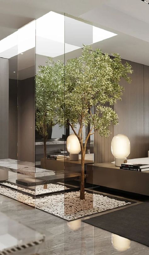 Plants Indoor Design, Tree Interior, Courtyard Gardens Design, Lobby Design, Patio Interior, Interior Garden, A Living Room, Office Interior Design, Apartment Interior