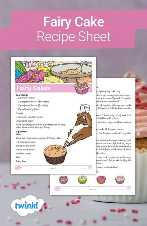 Practice maths and science skills whilst making some delicious fairy cakes using this easy-to-follow recipe sheet! Children can develop maths skills as they measure out the ingredients, read the scales and set the timer, as well as developing science knowledge by seeing how heat changes the ingredients! Visit the Twinkl website to download.   #recipes #fairycakes #cakes #baking #maths #science #teaching #teacher #teach #teachingideas #teachingresources #twinkl #twinklresources #education Recipe Sheet, Fairy Cupcakes, Science Knowledge, Science Skills, Recipe Sheets, Fairy Cake, Fairy Cakes, Cake Tray, Baking With Kids