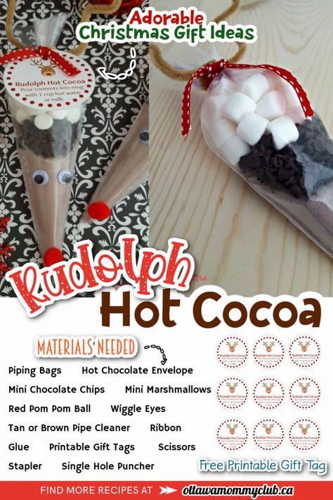 Adorable Rudolph Hot Cocoa DIY With Printable Gift Tags | OMC Diy Gag Gifts Funny, Hot Cocoa Gift Ideas, Diy Gag Gifts, Christmas Hot Chocolate Gifts, Christmas Gift Ideas For Teachers, Cute Handmade Gifts, Christmas Fun Ideas, Ballet Gifts, Handmade Christmas Gift Ideas