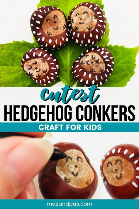 Help your toddler make the cutest hedgehog family with this simple tutorial. It's as easy as collecting conkers on your next autumn outing. Use sharpies and paints to make a loveable pet hedgehog for your preschooler.#hedgehogcraft #conkercrafts #kidscrafts #toddlercrafts #fallcrafts Autumn Craft Toddler, Crafts With Conkers, Painted Conkers, Autumn Crafts For Toddlers, Conkers Craft, Forest Animal Crafts, Pet Hedgehog, Fall Crafts For Toddlers, Hedgehog Craft