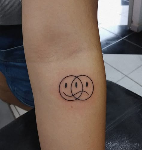 Fine Line Tattoo Smiley Face, Smile Frown Face Tattoo, Smiley Tattoo Ideas, Smiley Face Tattoo Ideas, Tattoo Designs Men Small Simple, Emoji Tattoos For Men, Spot Tattoo Sleeve, Emotionless Tattoo, Frowny Face Tattoo