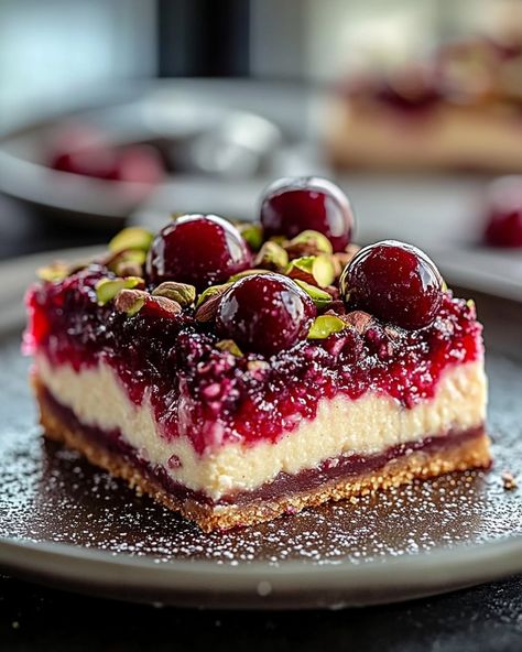 🥧 WOULD YOU EAT THESE HEAVENLY 🥧 Cherry Pistachio Cheesecake Bars 🍒? 🌟 A slice of heaven in every bite – perfect for your next family gathering or just a sweet treat to brighten your workday! 🌟 🍽️ Ingredients 🍽️ - 1 cup unsalted butter, melted - 1 cup sugar (for the crust) - 1 cup graham cracker crumbs - 16 oz cream cheese, softened - 1 cup sugar (for the filling) - 1 tsp vanilla extract - 2 large eggs - 1 cup pistachios, chopped (for the filling) - 1 cup cherry pie filling - ½ cup chopped ... Cherry Pistachio, Pistachio Cheesecake, Decadent Food, Family Desserts, Cheesecake Lovers, Dessert Bites, Slice Of Heaven, Food Photography Tips, Healthy Food Dishes