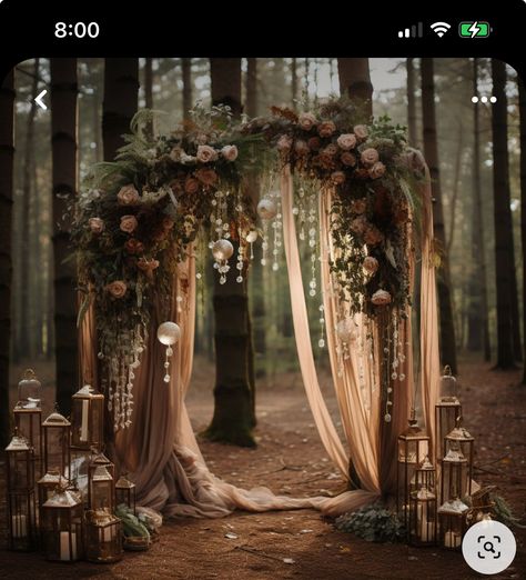 Wedding Decor Enchanted Forest, Woodland Forest Wedding Dress, Forest Glam Wedding, Enchanted Wedding Ceremony, Forest Wedding Arbor, Fairy Wedding Arch, Elf Wedding Decor, Woodland Wedding Dresses, Forest Wedding Arch Ideas