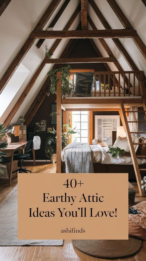 Earthy Attic Bedroom Designs Hygge Attic Bedroom, Attic Converted To Master Suite, Loft To Bedroom Conversion, Garage Loft Bedroom, Attic Bedroom Office Combo, Witchy Attic Bedroom, Room Attic Ideas, Dormer Master Suite, Rustic Attic Bedroom Ideas