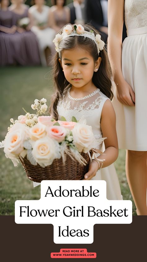 A stunning flower girl holding a beautifully decorated basket with lace, ribbons, and floral accents, adding charm and elegance to a wedding ceremony. Unique Flower Girl Basket Ideas, Flower Girl Basket Ideas, Flower Girl Ideas, Cute Basket, Gothic Flowers, Rustic Flower Girls, Wedding Flower Girl Basket, Toddler Flower Girls, Beach Wedding Flowers