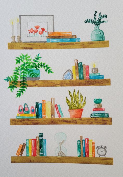 Watercolour Bookshelf Painting, Shelf Painting, Painted Bookshelves, Parking Spot, Watercolor Artist, Art Sketches, Watercolor Painting, Art Journal, Watercolor Paintings