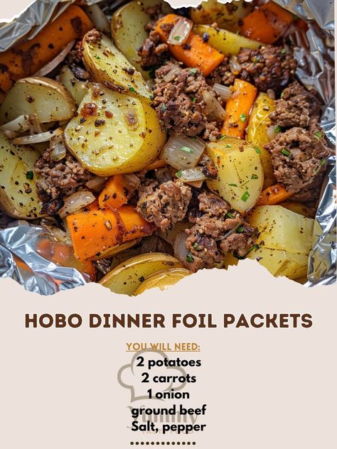 🔥🥔 Enjoy a fuss-free dinner with our Hobo Dinner Foil Packets, perfect for camping or a quick meal at home! #EasyDinner #CampingMeals 🍽️ Hobo Dinner Foil Packets 🛒 Ingredients: 2 potatoes, sliced 2 carrots, sliced 1 onion, sliced 300 grams ground beef Salt, pepper, and your favorite seasonings Olive oil or butter 👩‍🍳 Instructions: Prep Ingredients: Slice all vegetables. Divide ground beef into four portions. Assemble Packets: On a large piece of foil, layer potatoes, carrots, onions, and ... Family Dinner Snap, Foil Packets For Camping, Hobo Dinner Foil Packets, Dinner Foil Packets, Layer Potatoes, Dinner Snap, Steak Foil Packets, Hobo Dinner, Hobo Dinners