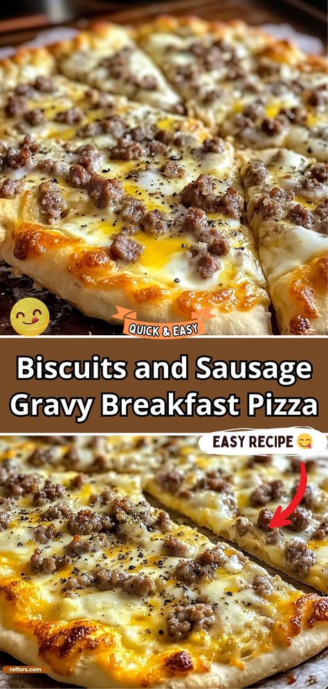 Transform your breakfast into a savory feast with our Biscuits and Sausage Gravy Breakfast Pizza. This dish layers fluffy biscuit dough with rich, creamy sausage gravy, crowned with a perfectly cooked egg and a sprinkle of cheddar cheese. It's a hearty start to the day that’s both comforting and satisfying. #BreakfastPizza #SausageGravy #HeartyBreakfast Biscuits & Sausage Gravy Breakfast Pizza, Breakfast Pizza Recipe Gravy, Biscuit And Gravy Pizza Bisquick Crust, Breakfast Recipe With Sausage, Sausage Gravy Meal Ideas, Food For The Family, Biscuits & Gravy Breakfast Pizza, Easy Recipes With Breakfast Sausage, Biscuits And Gravy Pizza With Bisquick