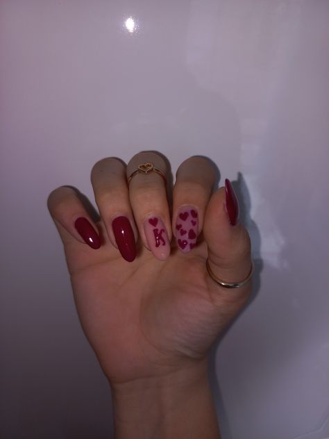 Red Nails With K Initial, Red Nails With Initials, Nails With An Initial, Red Valentine Nails, Red Valentines Nails, Monochrome Nails, J Nails, Dark Red Nails, Red Valentine