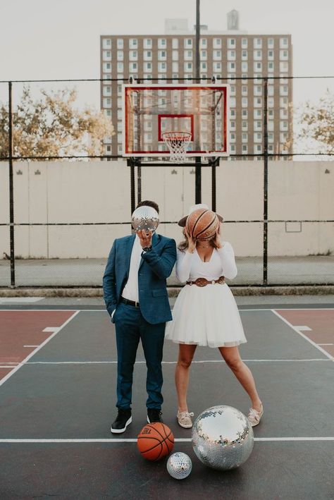 disco balls retro basketball vintage new york city Sports Engagement Photos, Basketball Couple Pictures, Basketball Engagement Photos, Basketball Wedding, New York City Engagement, Romantic Couple Poses, Basketball Photos, City Engagement Photos, Authentic Wedding