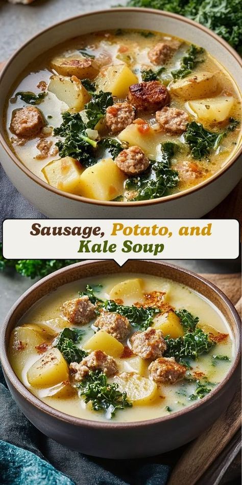 Sausage, Potato, and Kale Soup Ingredients: 1 pound Italian sausage 4 cups chicken broth 3 large potatoes, peeled and cubed 2 cups kale, chopped 1/2 cup heavy cream 1 onion, diced 3 cloves garlic, minced 2 tablespoons olive oil 1/2 teaspoon crushed red pepper flakes (optional) Salt and pepper to taste #Sausage #Potato #Kale #Soup Italian Sausage And Kale Soup Recipes, Potatoe Sausage Soup Crockpot, Sweet Potato Soup Crockpot, Sausage Kale Sweet Potato, Sausage Soup Crockpot, Italian Sausage And Potato Soup, Potato Soup Crockpot, Kale Sweet Potato Soup, Sausage Potato Kale Soup