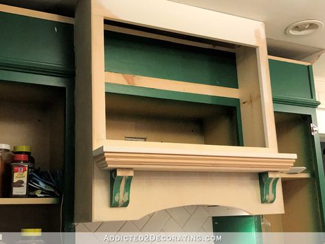 DIY Wood Range Hood Cover - Some Adjustments For Safety + More Progress - Addicted 2 Decorating® Wood Range Hood Diy, Hoods Over Stoves, Wood Range Hood Cover, Kitchen Hood Vent, Range Hood Cover, Kitchen Hood Design, Different House Styles, Diy Mantel, Kitchen Vent Hood