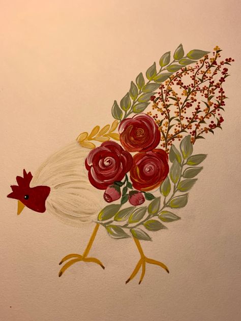 Mixed media book Simple Chicken Painting, Simple Chicken Painting Ideas, Mexican Flower Painting, Folk Art Chicken Painting, Simple Rooster Painting, Hen Painting Acrylic, Chicken Painting Acrylic Roosters, Floral Rooster Painting, Mexican Art Painting