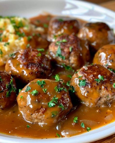 Meatballs in Onion Gravy Recipes Meatballs, Crab Salad Recipe, Family Supper, Creamy Crab, Creamy Garlic Sauce, Random Aesthetics, Onion Gravy, Fun Easy Recipes, Gravy Recipes