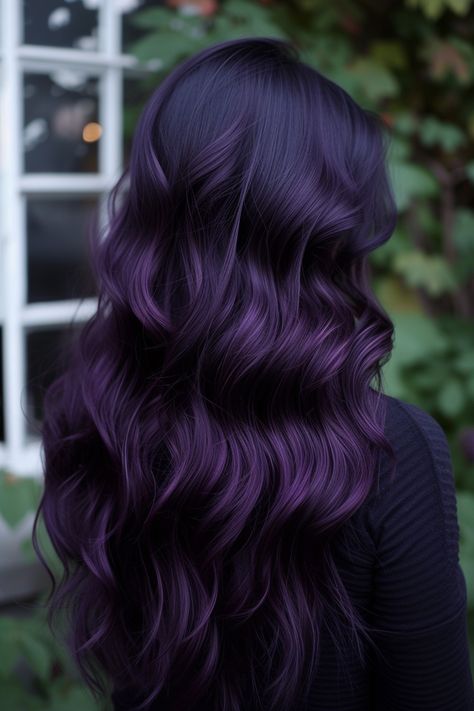 Pop Hair Color Ideas, Dark Brown And Dark Purple Hair, Dyed Hair Purple Highlights, Super Dark Hair Color Ideas, Purple Hair On Brunette, Dark Deep Purple Hair, Lilac Hair Color Ideas, Purple Hair Plum, Dark Fantasy Hair Color