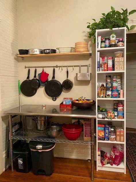 Small Space Living | Create your pantry out of a bookcase in empty vertical space. | Facebook Vertical Space Ideas, No Pantry Solutions Kitchens, Vertical Organization, Open Pantry Ideas, Small House Storage, No Pantry Solutions, Open Pantry, White Books, Space Room