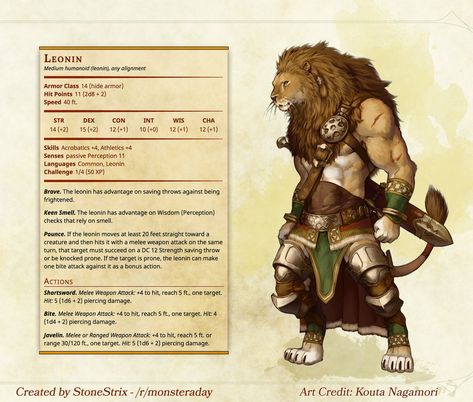 Leonin - Imgur Creature Template, Dnd Concept, Story Concepts, Npc Ideas, Dnd Npc, Dnd Stats, Dragons 5e, Dnd Homebrew, Dungeon Master's Guide