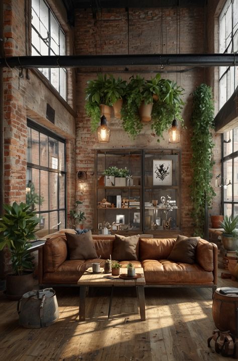 Urban Natural Interior, Cozy Industrial Apartment, Industrial Biophilic Design, Mill Apartment Decor, Warehouse Workspace, Urban Industrial Living Room, Cozy Industrial Decor, Earthy Industrial, Urban Loft Apartment