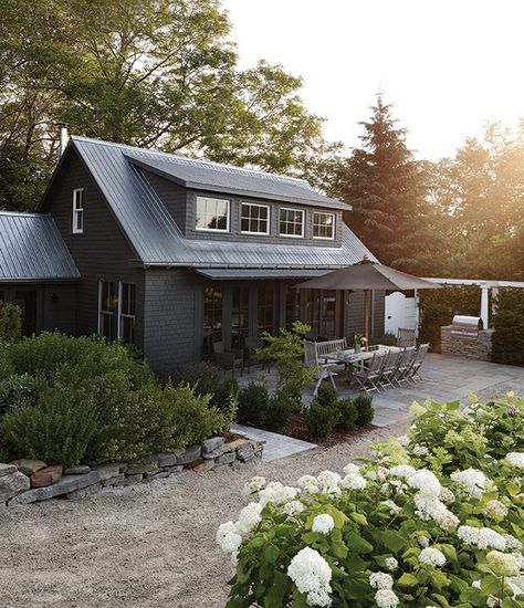 Gable Roof With Shed Dormer, Extended Window, Black Exteriors, Grace Wins, Backyard Dining, Black Houses, Farmhouse Exterior Design, Black Farmhouse, Stone Patio