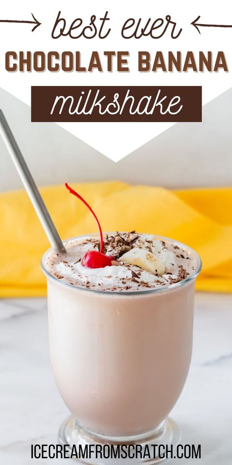 A glass milkshake cup filled with a chocolate banana milkshake topped with chocolate shaving, whipped cream, a banana slice, and a maraschino cherry with a metal straw sticking out of it. Banana Shake Recipe Milkshakes, Fruit Milkshake Recipe, Thick Chocolate Milkshake Recipe, Banana Chocolate Milkshake, Homemade Milkshake Recipe, Milkshake Banana, Chocolate Milkshake Recipe, S’more Milkshake, Banana Milkshake Recipe