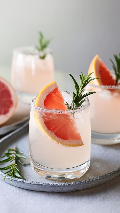 Updating your Paloma cocktail: This version features the bright and tangy flavors of fresh grapefruit juice, complemented by the aromatic and slightly savory notes of rosemary syrup, balanced with tequila and topped with soda water. Garnished with a grapefruit wheel and a sprig of rosemary, this drink is both elegant and refreshing. Grapefruit Rosemary Mocktail, Rosemary Paloma, Tequila Paloma, Spicy Paloma, Paloma Drink, Fresh Cocktails, 2024 Photoshoot, Paloma Recipe, Rosemary Syrup