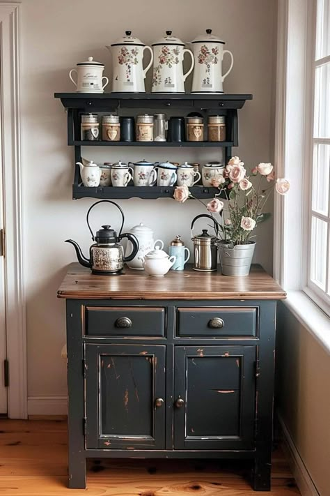 Cottage Coffee Bar, Tea Station Ideas, Thrift Home Decor, Old Money Decor, Tea Nook, Coffee Hutch, Tea Coffee Bar, Cozy Window Nook, Tea Friends