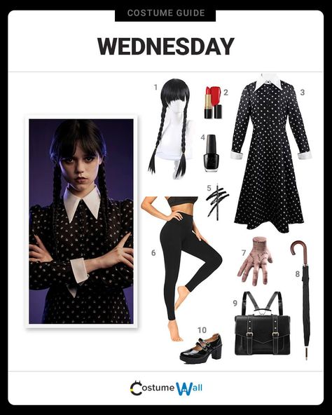 Wednesday (Netflix) Costume Thing Hand, Nail Polish Black, Wednesday Costume, Wednesday Addams Costume, Got Costumes, Costume Guide, Long Sleeve Black Dress, Gomez And Morticia, Black Eyeliner Pencil