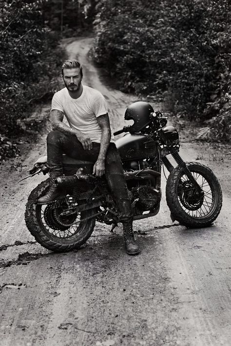 Beckham Into The Unknown | BLACK HAND CINEMA Motorcycle Photo Shoot, Motorcycle Wedding, David Beckham Style, Biker Photography, Мотоциклы Cafe Racers, Biker Photoshoot, Motorcycle Photography, Triumph Scrambler, Motorcycle Men