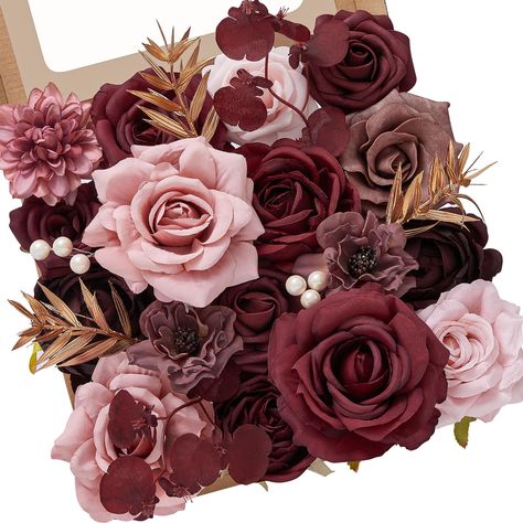 PRICES MAY VARY. Artificial Flowers for Diverse Needs- This lively burgundy pink flower box could be the most helpful participator for your wedding, available for bouquets, cake flower, centerpiece, chair and arch decor, garland, etc. Also can be home decor for vase, table decor, events or party decoration, baby shower. Each flower has a bendable stem at the bottom, making them easy to work with, perfect for DIY and crafts. Burgundy Flower Box Details- Dusty Pink Silk Roses*2, Burgundy Silk Rose Burgundy Dusty Rose Bouquet, Wine Colored Flowers, Burgundy And Gold Wedding Decorations, Burgundy Blush And Gold Wedding, Wedding Flowers Fake, Pink Bridal Shower Centerpieces, Engagement Concept, Burgundy Wedding Decor, Burgundy Backdrop