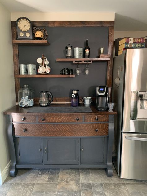 Dresser To Coffee Bar Diy, Coffee Bar Dresser, French Country Coffee Bar, Coffee Bay, Breakfast Station, Ranch House Decor, Diy Coffee Bar, Coffee Bar Design, Dining Room Remodel