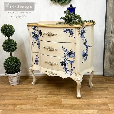 Re•design with Prima®️ | Redesign’s “Pretty In Blue” large Décor Transfer® features delightful birds dancing around gorgeous floral bouquets in a variety of stunning b... | Facebook Birds Dancing, Decor Transfers, Redesign With Prima, Rub On Transfers, Blue Furniture, Large Decor, Furniture Wood, Paint Furniture, Flipping Furniture