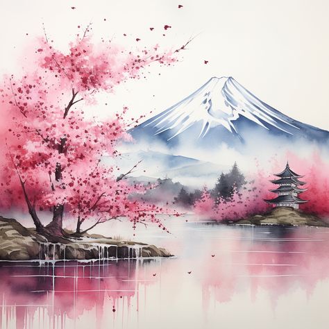 Japan Cherry Blossom Painting, Mt Fuji Watercolor, Cherry Blossom Landscape Drawing, Watercolor Art Cherry Blossom, Mount Fuji Painting Watercolor, Mount Fuji Watercolor, Chinese Background Landscape, Japan Watercolor Painting, Cherry Tree Watercolor