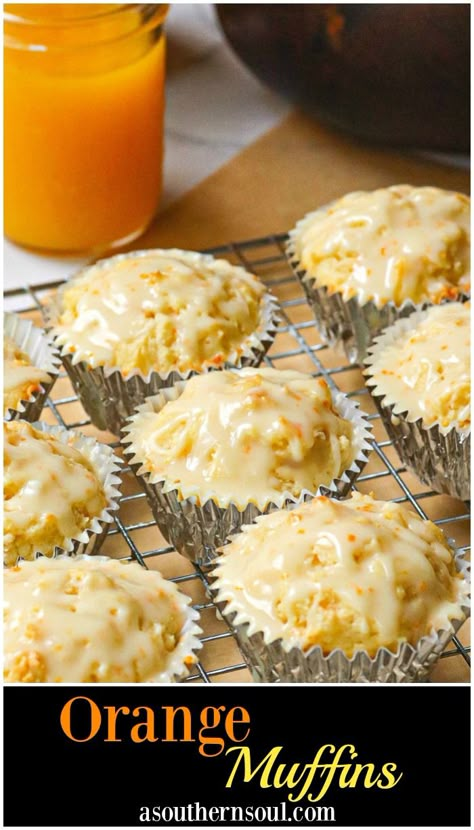 Glazed Orange Muffins are a sweet way to brighten your day! Made with fresh orange juice and zest, they’re tender and soft with just the right amount of sweetness. These scratch made muffins are ideal for breakfast, brunch or an afternoon snack. #orangemuffins #breakfastmuffins #scratchmademuffins #brunchrecipe Bored Baking, Orange Muffin Recipe, A Southern Soul, Fresh Orange Juice, Orange Muffins, Banana Breakfast, Muffin Tin Recipes, Homemade Muffins, Fresh Orange