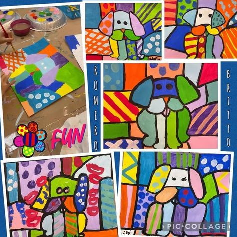 I Love Art Studio on Instagram: "ROMERO BRITTO inspired dogs! Great lesson to introduce elements of art. COLOR, LINE, SHAPE and TEXTURE. Great job guys! 🎨 . . . . #romerobritto #artlessons #kidsart #elementaryart #color #shape #line #texture #elementsofart #artstudio #houstonart #iloveartstudio #artclasses #homeschoolart #colorfulart #blick" Elements Of Art Color, Britto Art, Houston Art, Art Education Lessons, I Love Art, Line Texture, Homeschool Art, Great Job, Art Color