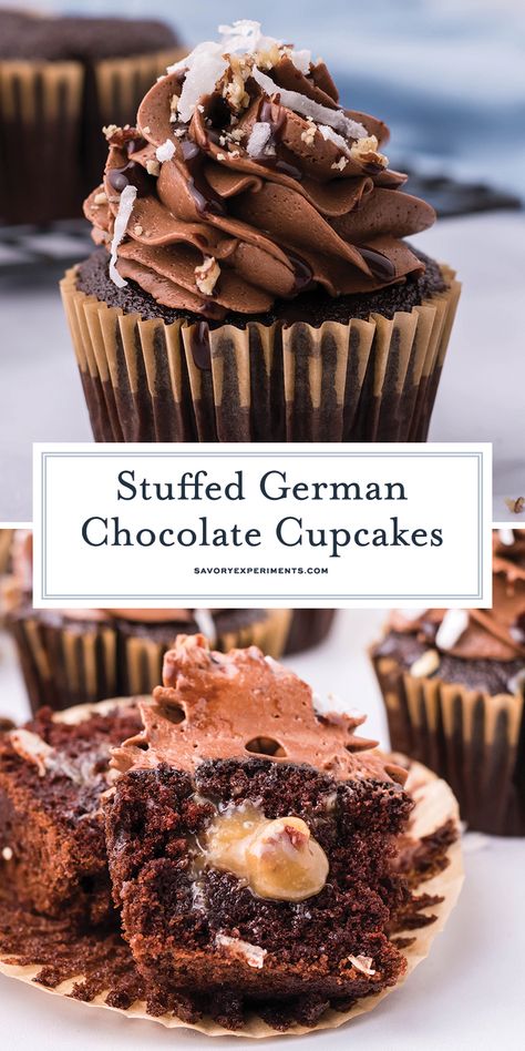 Filled German Chocolate Cupcakes, German Chocolate Cupcakes From Scratch, German Chocolate Cakes, Pecan Cupcakes, Magical Kitchen, Whipped Chocolate Frosting, Tasty Cupcakes, German Chocolate Cupcakes, Pecan Filling