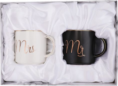 PRICES MAY VARY. Value pack. Set contain 1 x Mr mug & 1 x Mrs mug. Mug gift set capacity is 12 Ounce. Open diameter: 3-1/2 inches. Height: 3-1/2 inches. Sturdy and the gold stands out beautifully. The couples marble cups' handles are wide and strong, very comfortable to hold it. Dishwasher safe. Printed with superior ceramic inks. A truly permanent imprint that will never fade or lose its glow. Ensure an enjoyable morning coffee for many years. The glossy texture is what you need for your new co Personalised Wedding Mugs, Mr And Mrs Christmas Gifts, Engaged Mugs, Proposal Mugs, Boyfriend Mugs, Best Engagement Gifts, Perfect Engagement Gifts, Honeymoon Gifts, Engagement Gifts For Couples