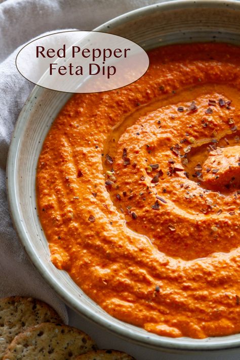 Roasted Red Pepper Feta Dip, Red Pepper And Feta Dip, Red Food Party, Red Pepper Feta Dip, Spice Combos, Dip With Crackers, Roasted Red Pepper Dip, Red Pepper Dip, Dips Recipes