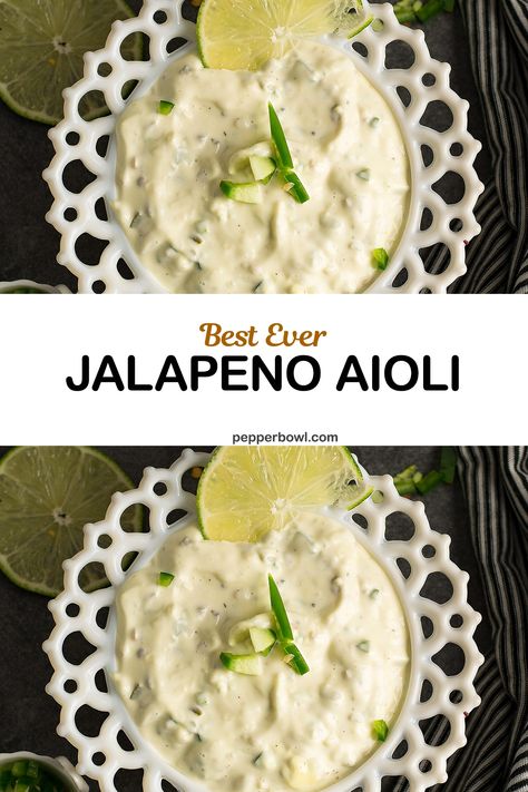 Garlic Jalapeno Sauce, Jalapeno Bbq Sauce Recipes, Jalapeno Mayo Recipe, Cilantro Jalapeño Aioli, Jalapeno Aioli Recipes, Aoli Sauce Recipes, Jalapeno Lime Sauce, Jalapeno Lime Aioli, Aoli Recipe Aioli Sauce