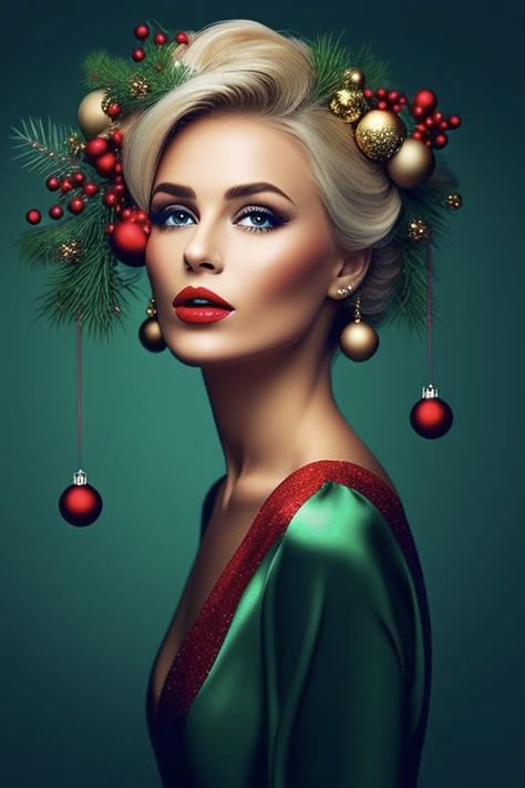 Red Green Gold Christmas, Christmas Headdress, Fashion Santa, Green Gold Christmas, Velvet Decor, Christmas Dress Up, Christmas Photo Ideas, Holiday Inspo, Christmas Hairstyles