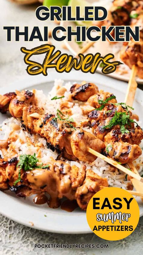 Thai Skewers, Chicken On A Skewer, Thai Chicken Skewers, Easy Chicken Skewers Grilled, Cold Chicken Skewer Appetizers, Chicken Skewers Grilled, Thai Chicken Skewers Grilled, Thai Chicken Skewers With Peanut Sauce, Summer Appetizers Easy