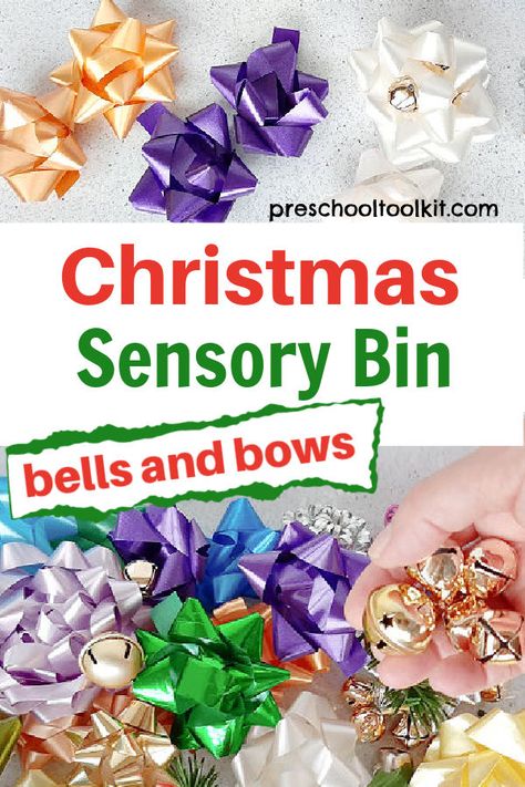 Christmas sensory bin preschool holiday play with jingle bells and colorful bows Christmas Sensory Activities, Sensory Bin Preschool, Christmas Decorations Kids, Christmas Sensory Bin, Winter Activities For Toddlers, Christmas Sensory, Toddler Sensory Bins, Colorful Christmas Decorations, Recycled Christmas