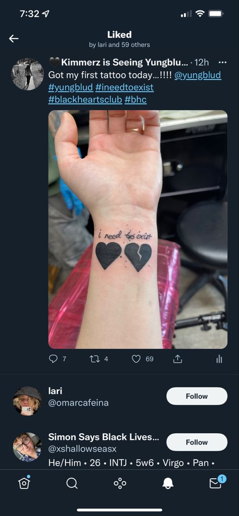 Yungblud Funny, Yungblud Tattoo, Dream Asthetic, Black Heart Tattoos, Army Tattoos, Dominic Harrison, Black Hearts, Dream Tattoos, First Tattoo