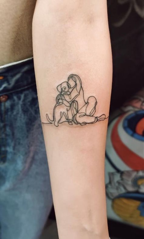 Dog And Mom Tattoo, Animal Lovers Tattoos, Dog And Owner Tattoo Ideas, Tattoos For Dog Moms, Weenier Dog Tattoo, Dog Tattoo For Multiple Dogs, Mini Aussie Tattoo, Lab Tattoo Outline, Multi Dog Tattoo