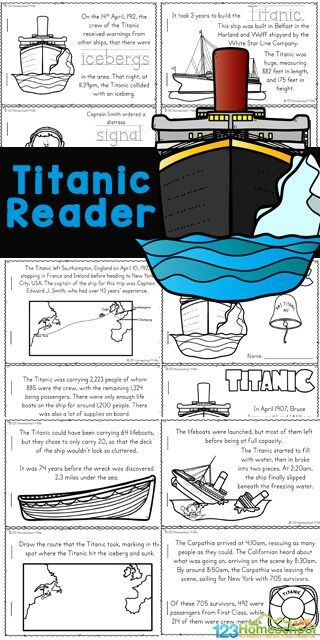 Make learning about the Titanic for Kids fun and easy with this free printable reader. Children from kindergarten, first grade, 2nd grade, 3rd grade, 4th grade, 5th grade, and 6th grade students will read, color and learn titanic facts for kids. Not only is this a great way to work on reading skills, but a great way to learn bout some history for kids while learning about the most luxurious and impressive ship of her time with intersting titanic information. Simply download pdf file with titanic Titanic Activities 3rd Grade, Free Titanic Printables, Titanic Lesson Ideas, I Survived The Sinking Of The Titanic Activities, Titanic For Elementary, Titanic Worksheets Free Printable, Titanic Boarding Pass Template, Titanic Coloring Pages Free Printable, Titanic Crafts Projects