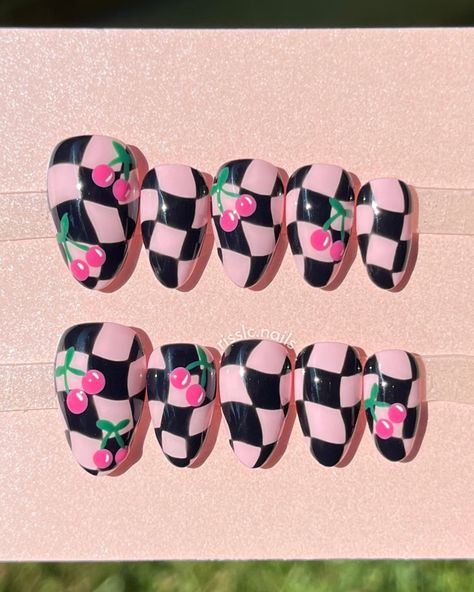 Obsesssssed with these checkered cherry nails! I found this phone wallpaper/background (last slide) a while ago on Pinterest and just KNEW I needed to do nails inspired by it 🍒🏁 (the shape is xs almond from @esvynails code riss10) • • • #cherrynails #cherrynailart #checkerednails #pinknails #blacknails #almondnails #cutenails #trendynails #nailideas #nailart #nailinspo Checkered Disney Nails, Wavy Checkered Nails, Checkered Print Nails, Checkered Nail Designs, Checker Nails, Patterned Nails, Checkerboard Nails, Cherry Nail Art, Checkered Nails