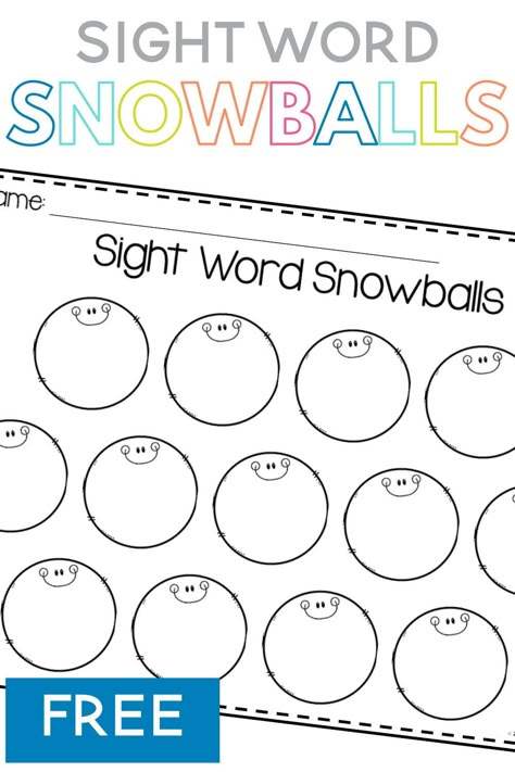 These sight word snowballs are a perfect winter literacy station for preschool, kindergarten or first-grade students. It’s free and easy to print and quickly use! You can add your own sight words too to differentiate for your students! This is a great winter center for students to practice reading and writing sight words. Easy Sight Word Activities, Sight Word Writing Activities, Sight Word Centers Kindergarten Free, Practicing Sight Words, Winter In Kindergarten, Sight Word Centers Kindergarten, Snowman Activities For Kindergarten, Literacy Worksheets For Kindergarten, Grade 1 Word Work